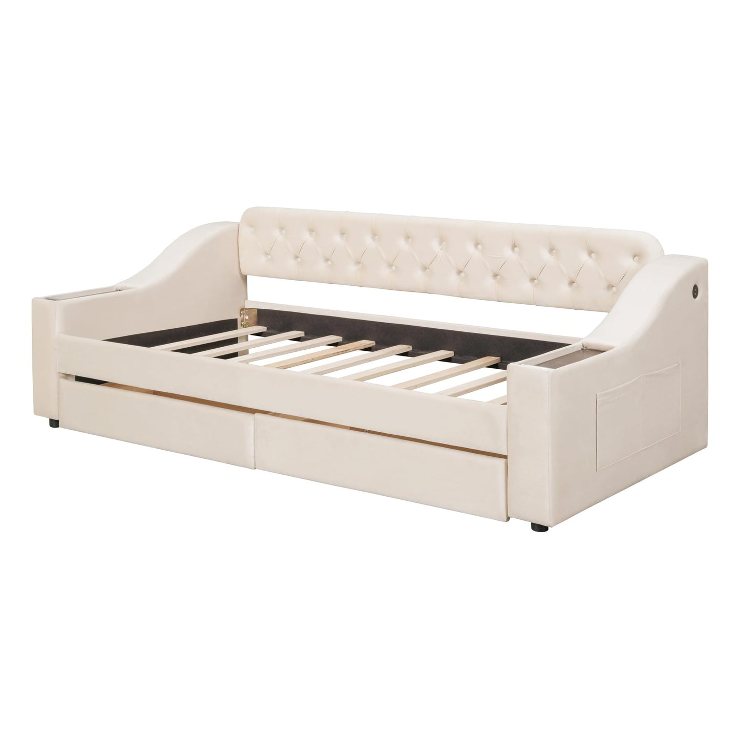 Acosure Twin Size Upholstered Daybed with 2 Large Drawers and USB Port,Bed Frame W/Armrests & Wood Slat Spport,for Bedroom,Apartment,Guest Room,Beige