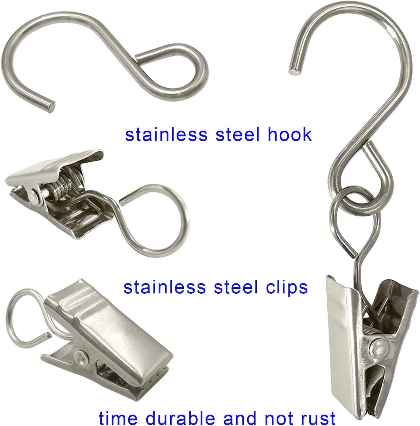 Stainless Steel S Hooks - 50 Pack Curtain Clips for Hanging Lights & Art Displays | 2.4 Inch Long, Silver