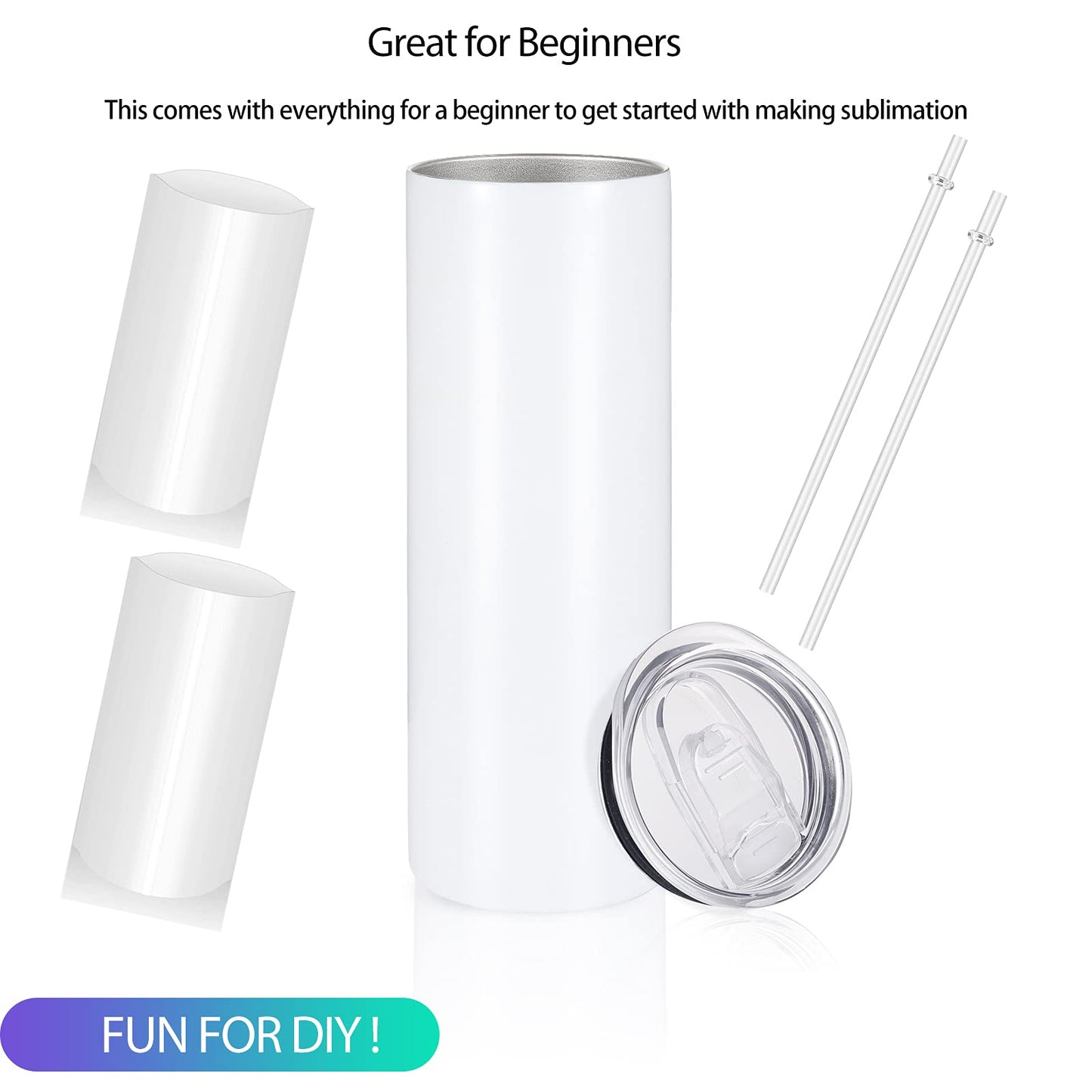 YOUKE OLA 24 Pack Sublimation Tumblers Straight Skinny Blanks 20oz for Heat Transfer, Individual Gift Boxed, Double Wall Insulated Tumbler with Shrink Wrap Films & Heat Tape & Straws, White