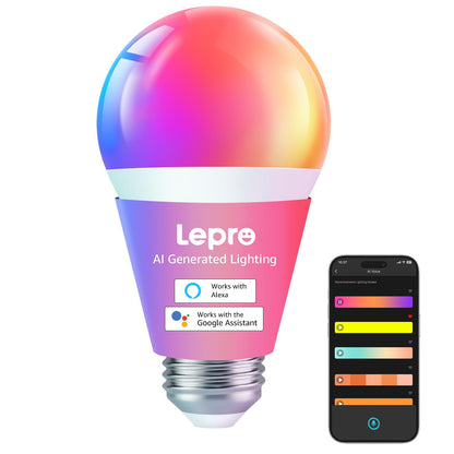 Lepro B1 AI Smart Light Bulbs - WiFi & Bluetooth RGBWW Color Changing LED Bulb Compatible with Alexa & Google Assistant, AI Generated Lighting LLM, AI Voice Control, Music Sync, 2.4GHz Only, 2 Pack