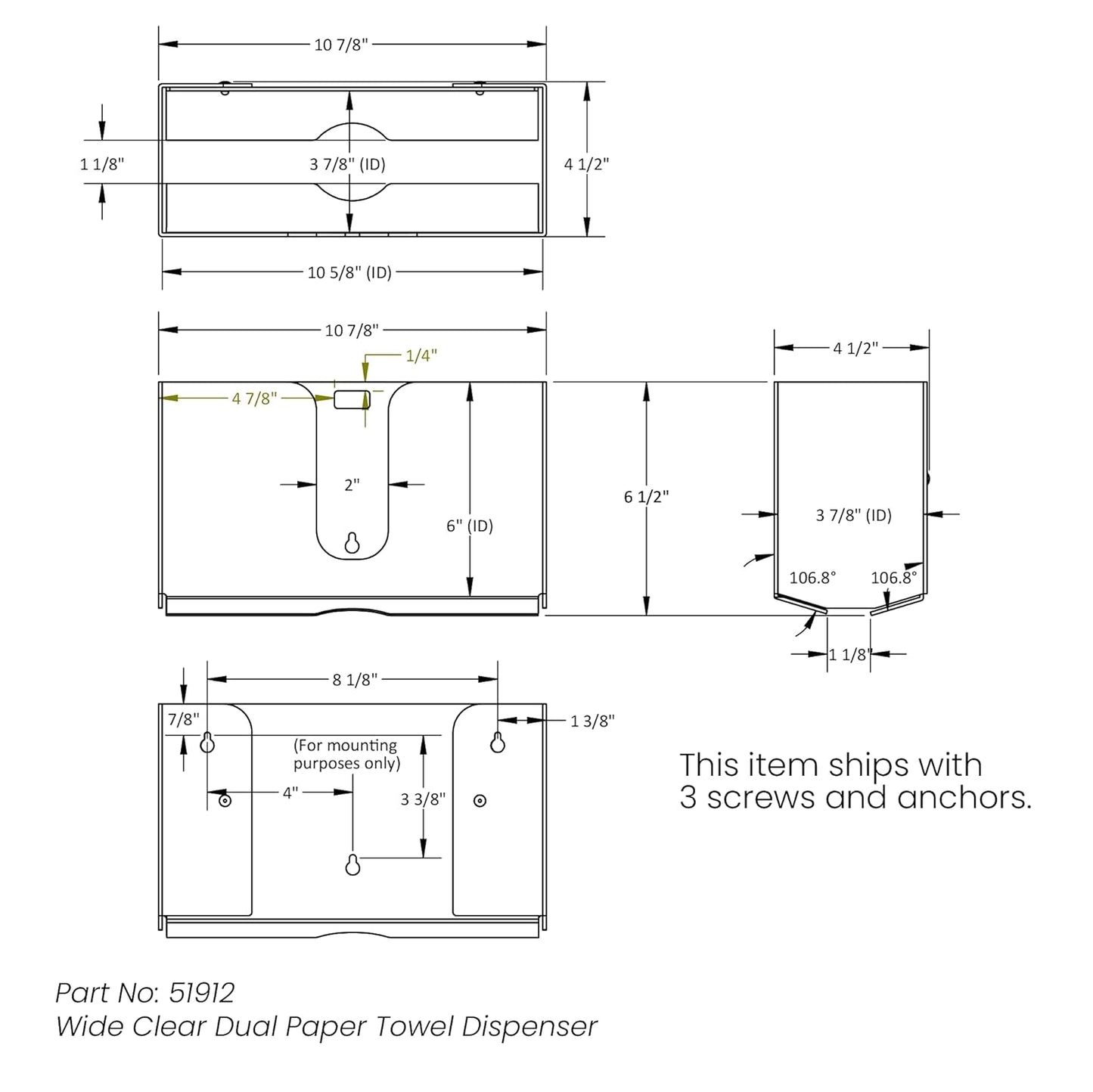 51912 10 7/8 6 1/2 4 1/4 inches TrippNT Shatterproof Dual Dispensing Paper Towel Holder, Clear, PETG, X X WHD