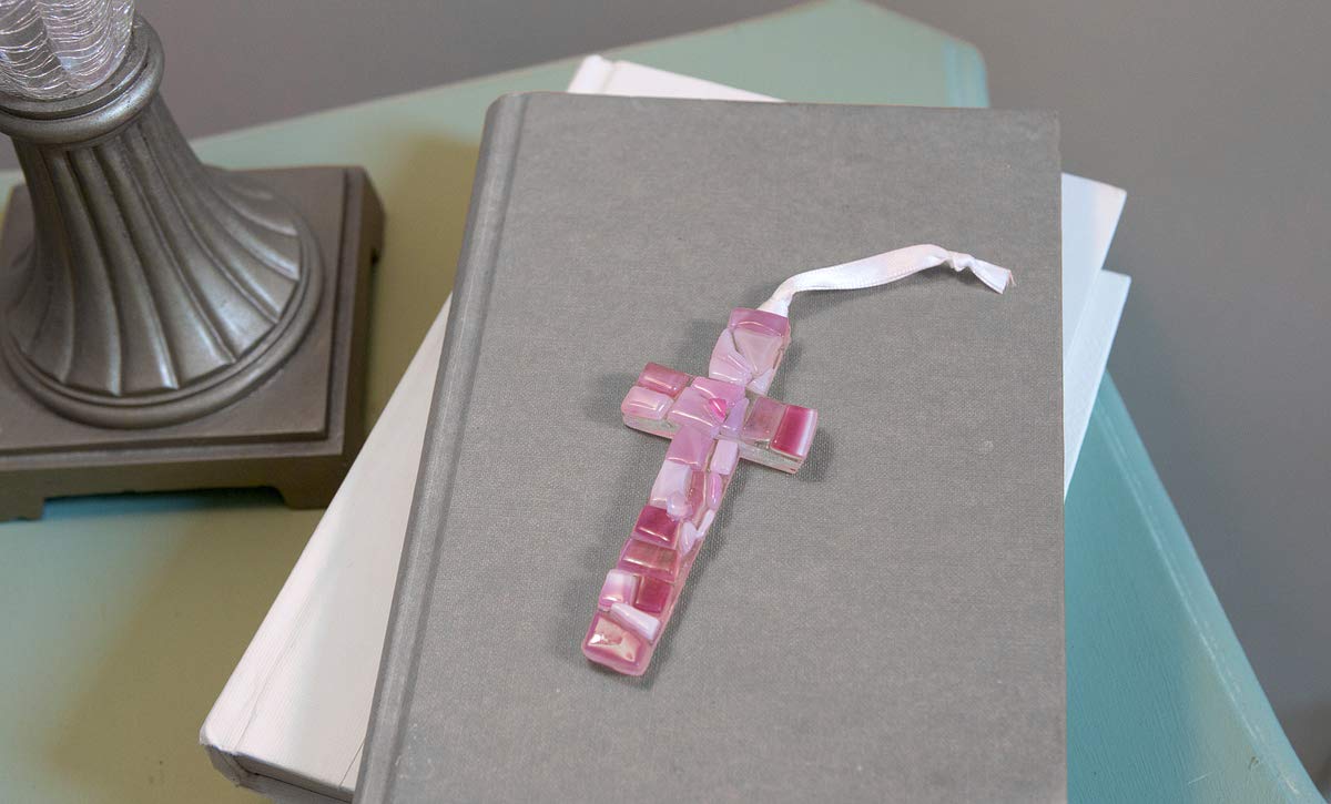 First Communion Gift for Girl, Handmade in USA Pink Mosaic Glass Cross with Sentiment