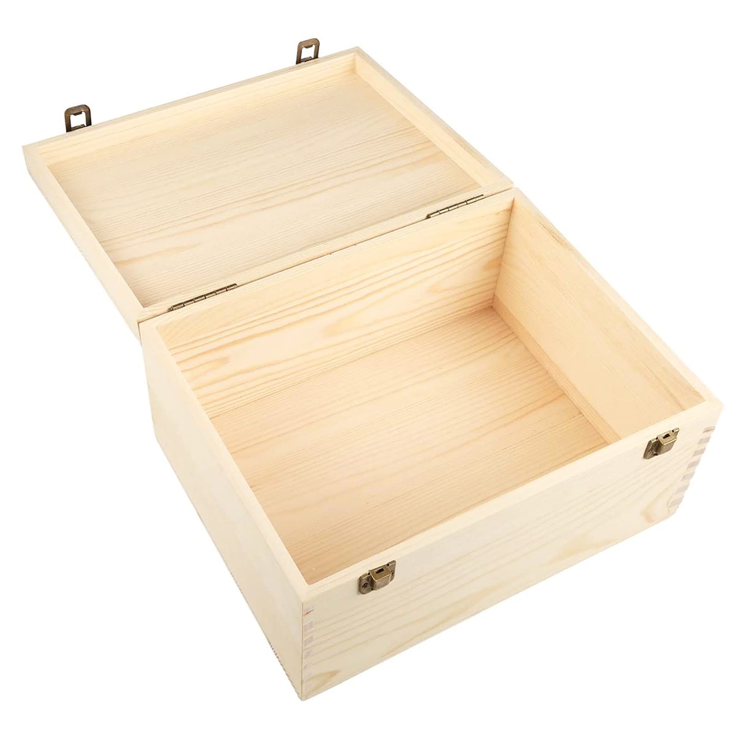 Frcctre Extral Large Unfinished Wooden Box, 13 x 10 x 6.5 inch Natural Unfinished Pine Wood Box with Hinged Lid and Front Clasp for DIY Craft Art Hobbies and Home Storage
