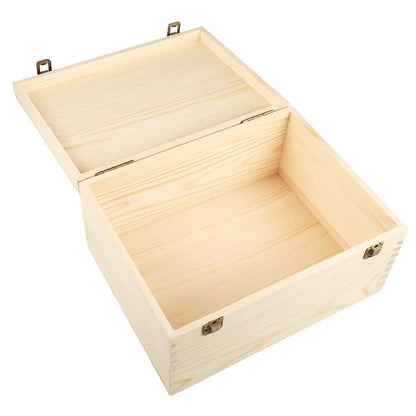 Frcctre Extral Large Unfinished Wooden Box, 13 x 10 x 6.5 inch Natural Unfinished Pine Wood Box with Hinged Lid and Front Clasp for DIY Craft Art Hobbies and Home Storage