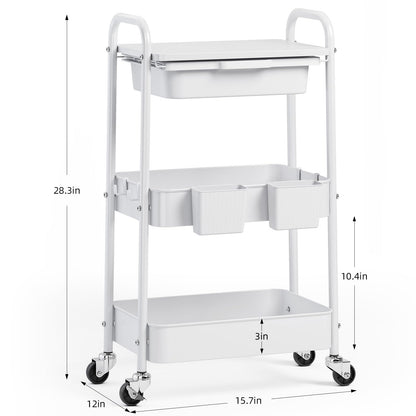 3 Tier Metal Rolling Utility Cart with Drawer & Lockable Wheels - Heavy Duty Multifunctional Storage Organizer with 2 Cups and 4 Hooks for Bathroom, Kitchen, Snack, Craft, Makeup, Baby Essentials
