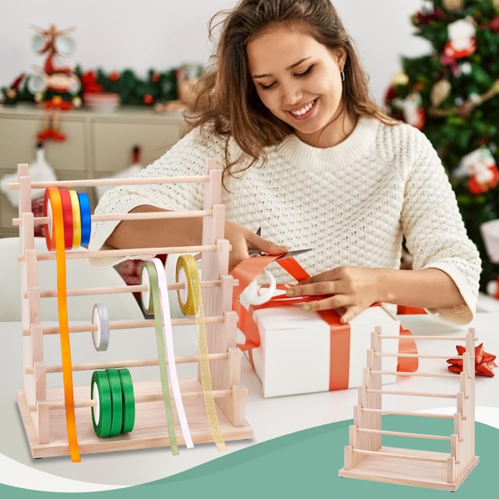 UNICRAFTALE 7-Tier Wooden Ribbons Organizer Rack Burlywood Ribbon Holder Storage Organizer Wooden Ribbons Sewing Organizer Display Shelf for Sewing Craft Gift Florist Wrapping