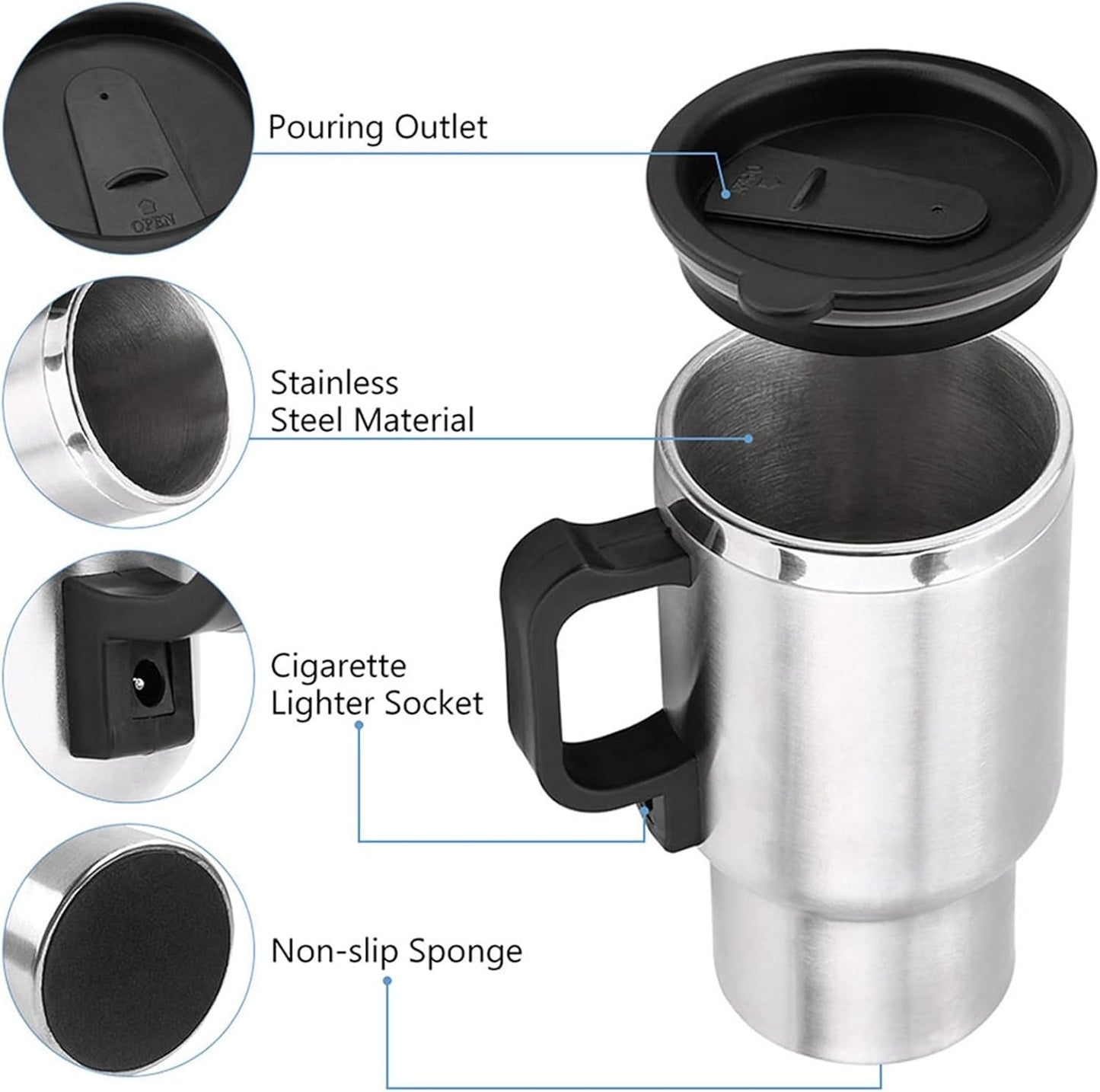 GOTOTOP Car Heating Cup, 12V 450ML Electric Car Kettle, Portable Stainless Steel Heated Travel Mug