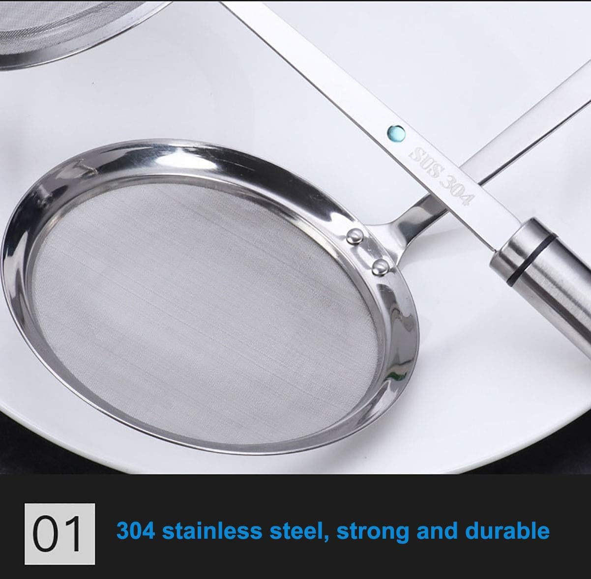 Fine Mesh Strainers, SUS 304 Premium Stainless Steel Kitchen Colander Sieve, Hand-held Oil Spoon with Good Grip