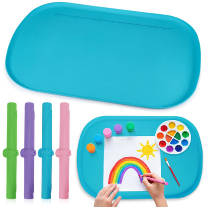 idooss Silicone Art Mats for Kids 24” x 16”, Silicone Craft Mats with Raised Edges, Paint Mat for DIY, Paint, Crafts, Clay, Jewelry-Making (Blue)