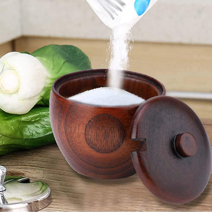 Solid Wood Sugar Bowl, Salt Box with Lid and Spoon - Kitchen Seasoning Containers