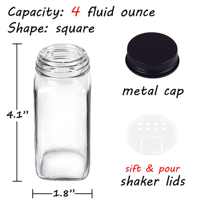 Churboro 66 Spice Jars with 547 Labels- Glass Spice Jars with Black Metal Caps, 4oz Empty Spice Containers with Shaker Lids, Funnel, Chalk Pen, Square Seasoning Bottles for Spice Rack, Drawer, Cabinet
