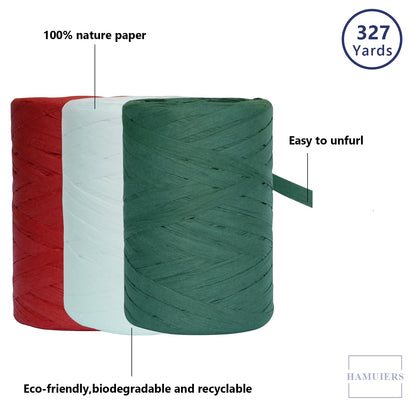 HAMUIERS Raffia Ribbon for Gift Wrapping, 3 Rolls Christmas Ribbon for Craft, Packing Paper Twine Ribbon - Red Green White, 1/4'' Wide, 327 Yards