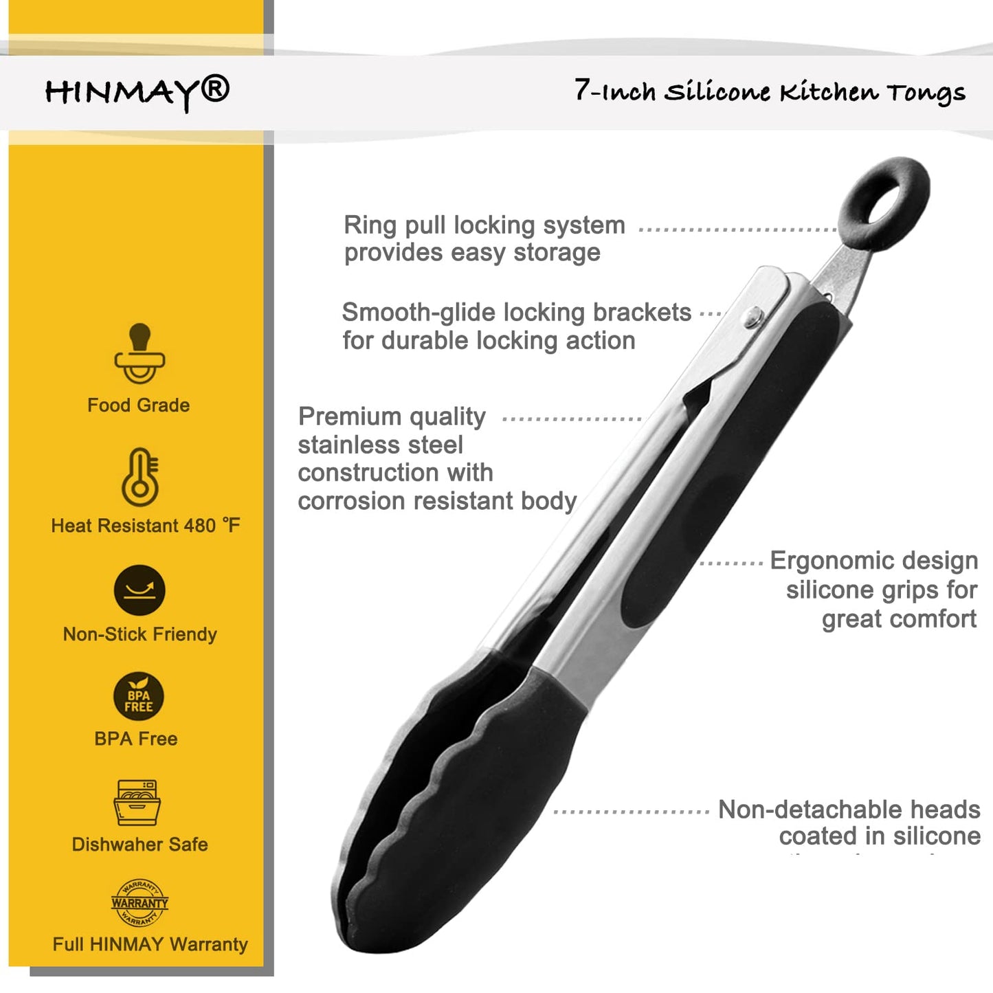 HINMAY Mini Tongs with Silicone Tips 7-Inch Kitchen Tongs, Set of 3 (Black)