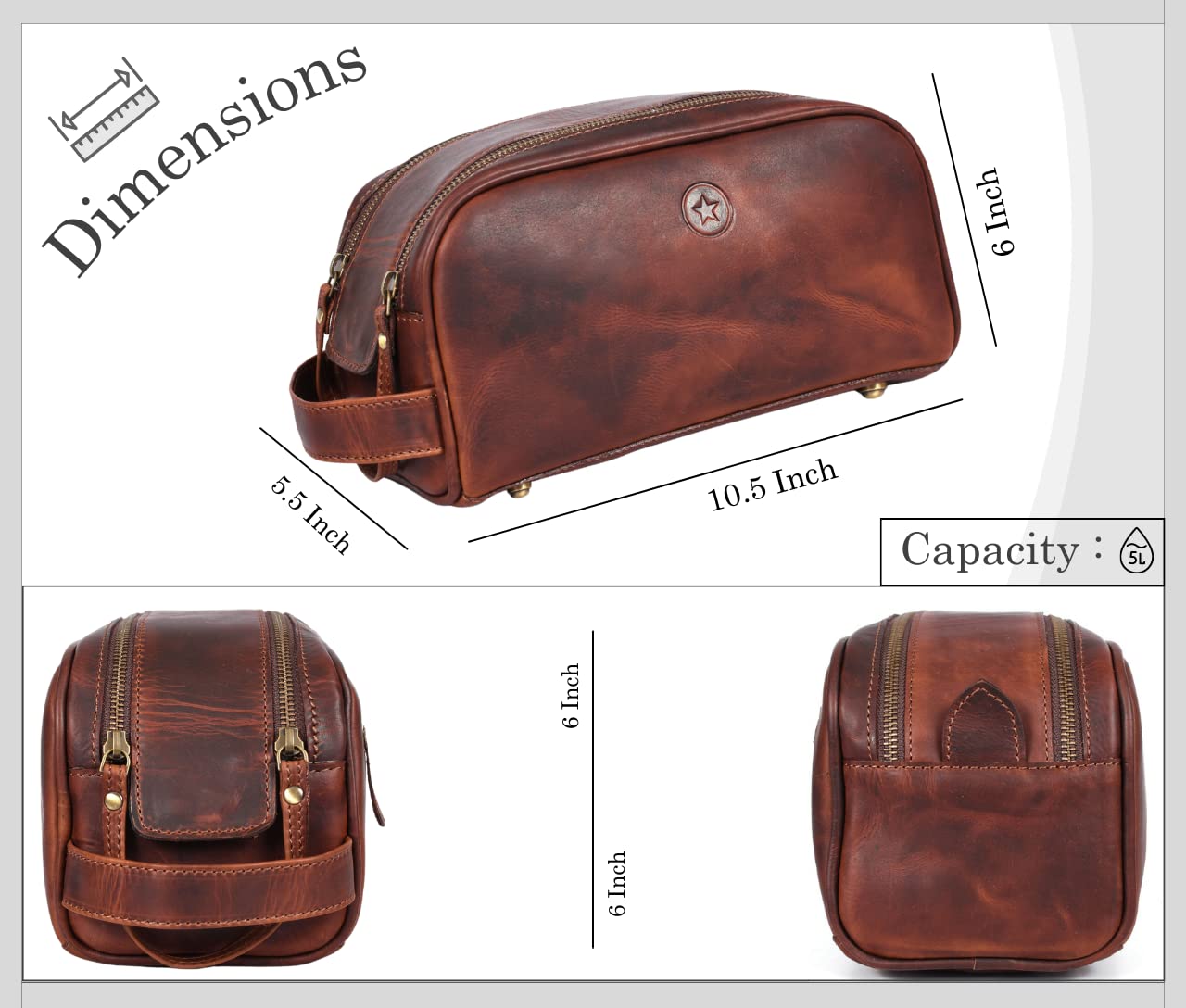 10" Premium Leather Toiletry Travel Pouch With Waterproof Lining | King-Size Handcrafted Vintage Dopp - Kit By Aaron Leather Goods (Dark Brown)