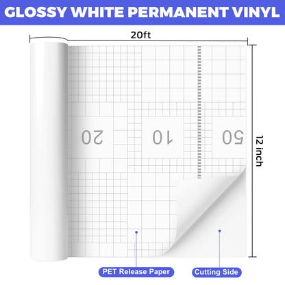 Lzerking Permanent Vinyl - 12in x 20ft Glossy White Adhesive Vinyl Roll for Cricut, Silhouette Cutting Machines, Waterproof Permanent Adhesive Vinyl for Gift, Car Decor, Scrapbooking