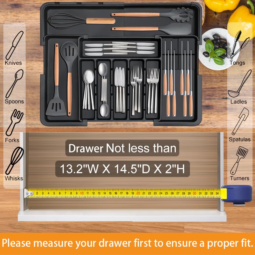 Homecor Silverware Organizer - Expandable Large Kitchen Drawer Organizer Utensil Organizer with 2 Removable Knife Blocks, 22"x 19"Cutlery Tray Drawer Dividers for Kitchen Flatware(6-9 Slots) (Black)