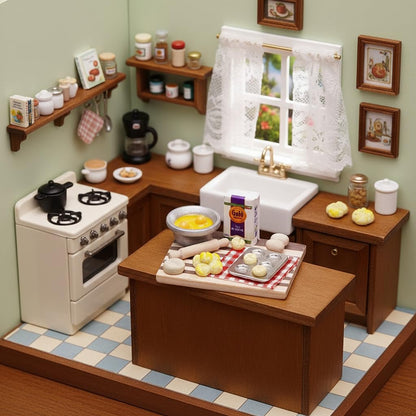 Miniature Dollhouse Kitchen Baking Set with Rolling Pin, Mixing Bowl, Bread Molds, Checkered Mat, Food Preparation Board, Photography Props