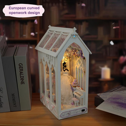 TOPBSFARNY DIY Doll House with Musical Movement, Wedding Theme Book Nook Kit, Illusion Mirror Design Miniature Dollhouse Kit, Booknook Bookshelf Desktop Decor Model Build for Adult Wedding Gift