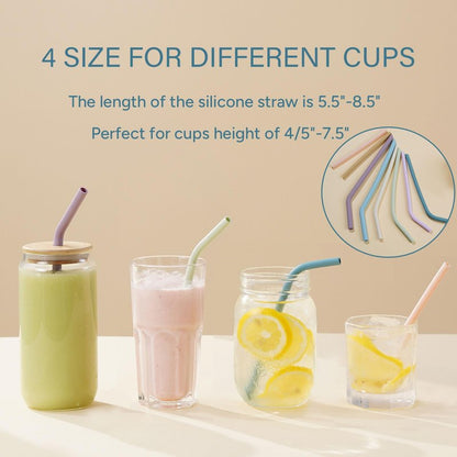 4-Size Reusable Silicone Straws with Travel Keychain Cases-Portable Collapsible For Cruise Ships, Short-Long Size For 4-20 oz Tumblers,Kids Toddlers Adults, Standard&Wide For Regular Liquid&Smoothie