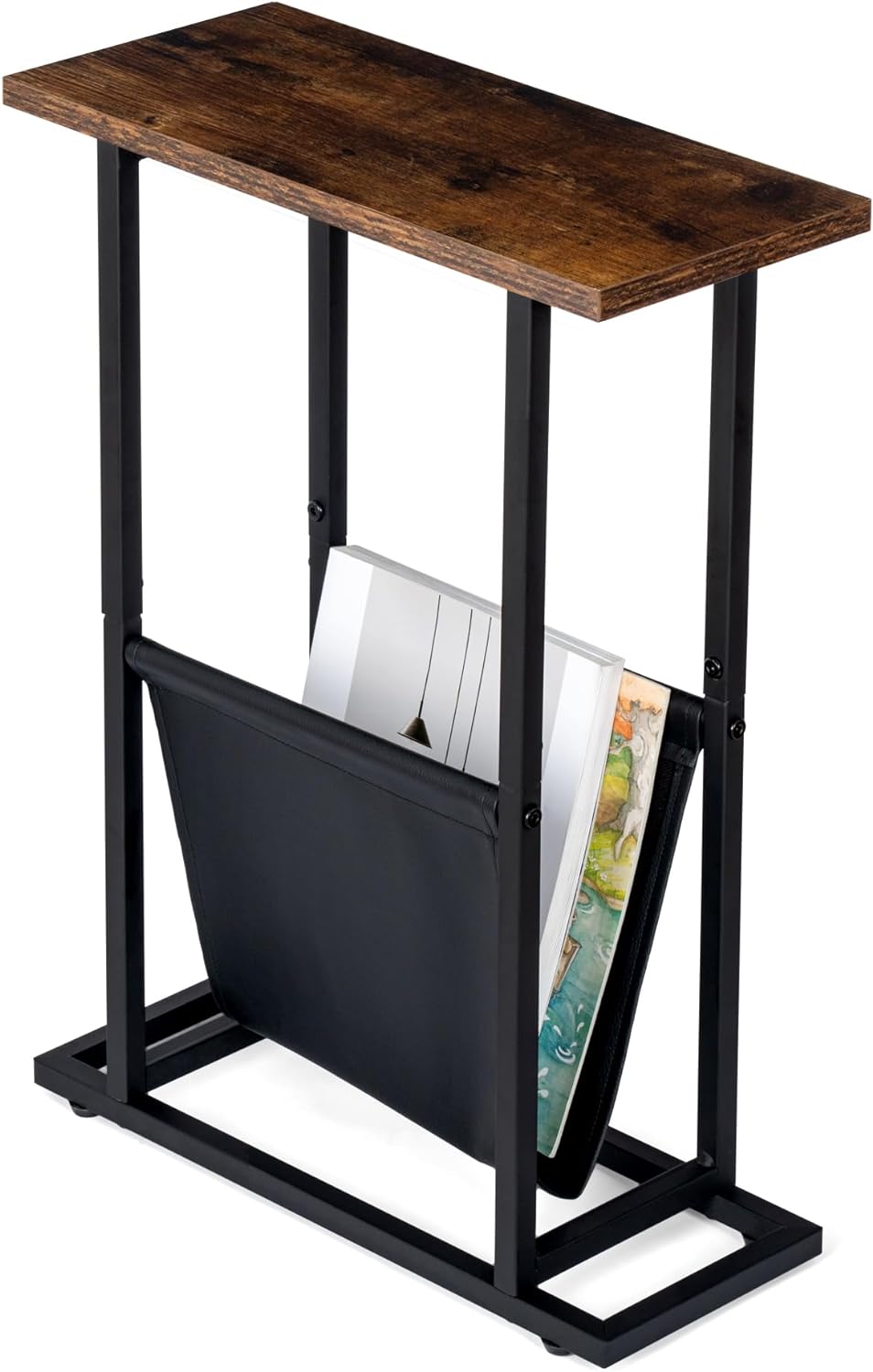 FLYJOE Narrow Side Table with PU Leather Magazine Holder Rustic Slim Little Thin Table for Living Room, Bedroom, Sofa