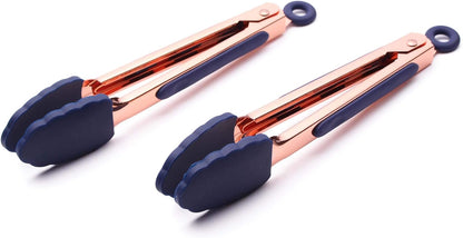 COOK WITH COLOR Stainless Steel Silicone Tipped Tongs Set - 2 Pc Mini Kitchen & BBQ Tongs, Blue