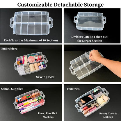 Evelots Storage Container Box, 3 Tier Stackable Snap-On Trays 30 Compartments with Adjustable Dividers for Arts & Crafts Storage, Jewelry Bead Organizers, Toys or Beauty & Sewing Supplies - Clear