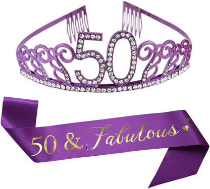 Mayin Purple Glitter Crystal Rhinestone Tiara Crown and Sash for 50th Birthday Party Supplies and Decorations