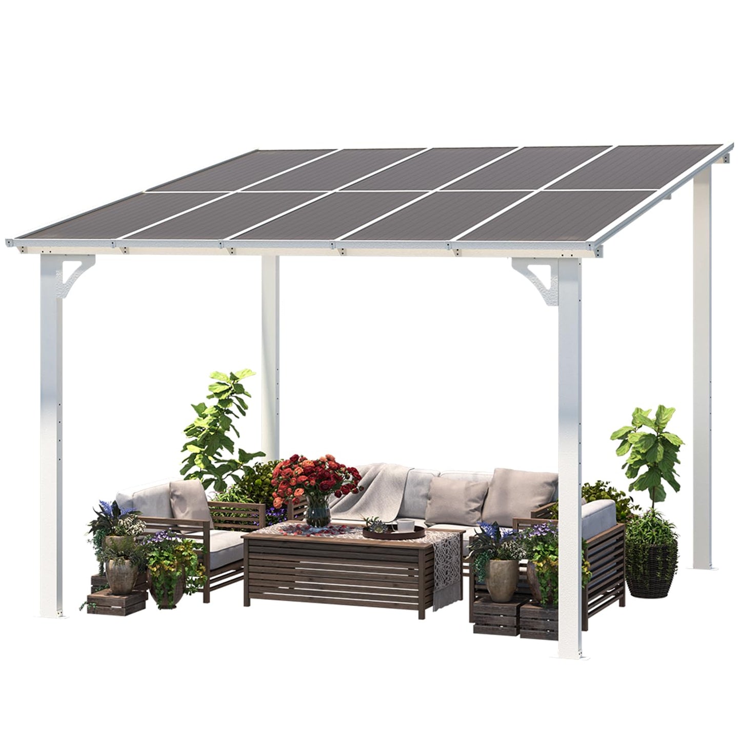 AECOJOY 10' x 10' Pergola Gazebo in White, Small Wall Mounted Pergolas and Gazebos on Clearance, Outdoor Patio Lean to Gazebo Metal Awnings for Deck, Porch, Backyard and More