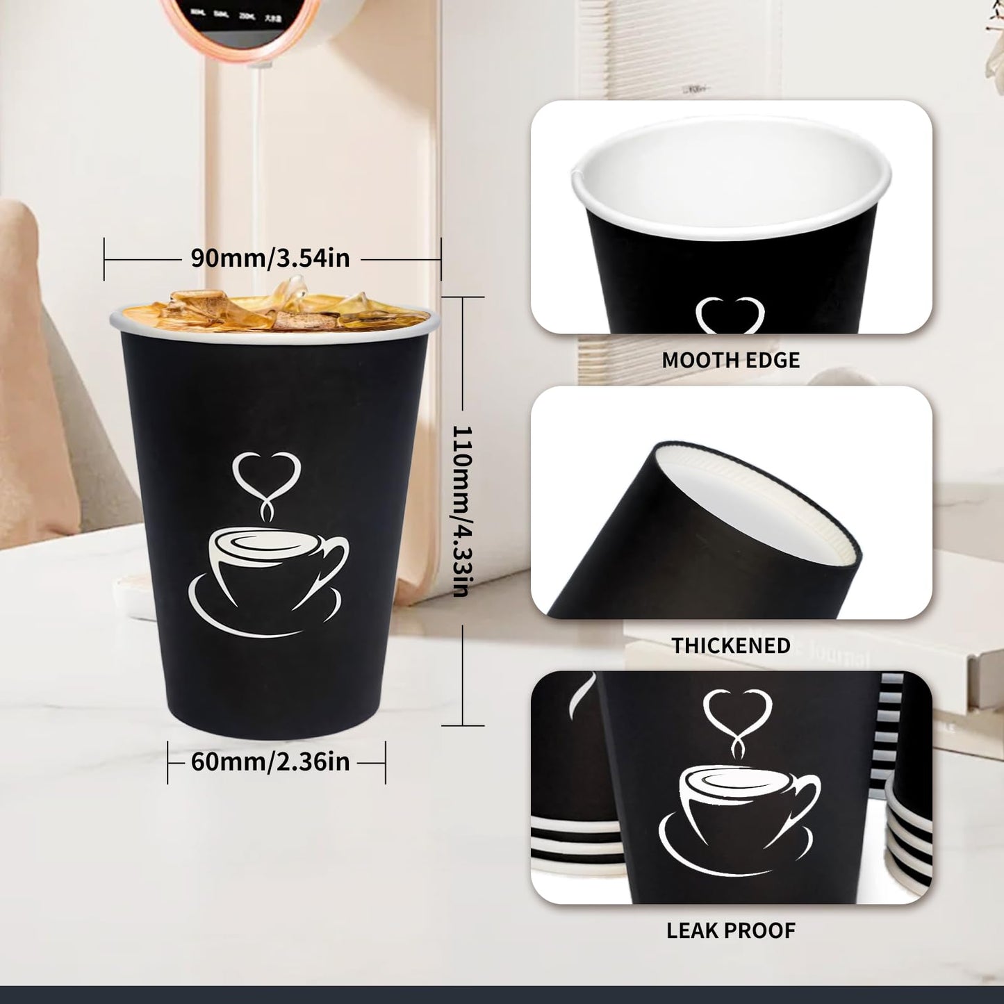 TreeMVI-50 Pack 12oz Coffee Cups with Lids: Disposable Black Coffee Cup Sturdy to Go Leak-Proof Paper Containers Set for Hot and Cold Beverage, Home, Office, Party