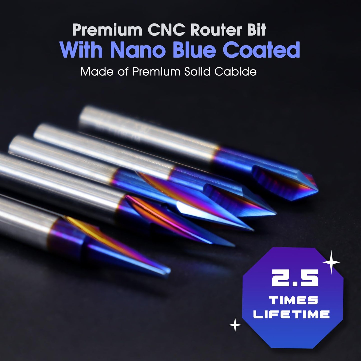 Eyryfui 5 Piece Engraving CNC Wood Carving Router Bit with Nano Blue Coated Tungsten Soild Carbide 15° 20° 30° 60° 90° V Groove Endmill Bit Profile Router Bits for Sign Making
