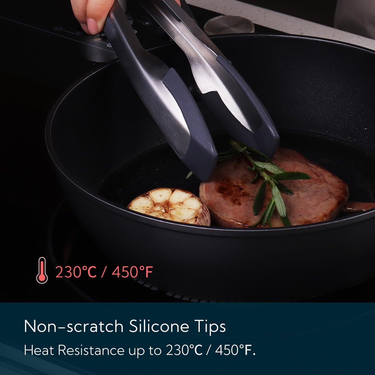KITCHENDAO 9-Inch Tongs for Cooking, One-Handed Silicone Tips, Soft-Touch Handle for Non-Stick Cookware
