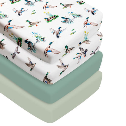 4 Pack Mallard Duck Baby Crib Sheets Neutral Unisex Breathable Fitted Nursery Sheets for Baby Girl or Boys (Crib Sheet)