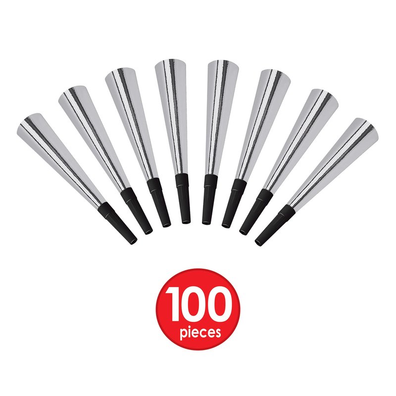 Beistle Sparkling Silver Horns – 100 Pack, Bulk Metallic Party Noisemakers for New Year’s Eve, Graduation, Weddings, Anniversaries, Sporting Events, and Loud Birthday Celebration Moments, 9"