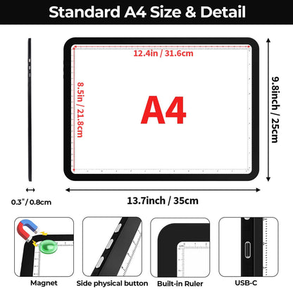 Zocelight A4 Diamond Art Light Board,11000 Lux Super Bright Light Box for Tracing,Side Button Design,3 Color Light pad,Magnetic Ultra Light Table for Diamond Painting,Sketching, Weeding Vinyl(Black)