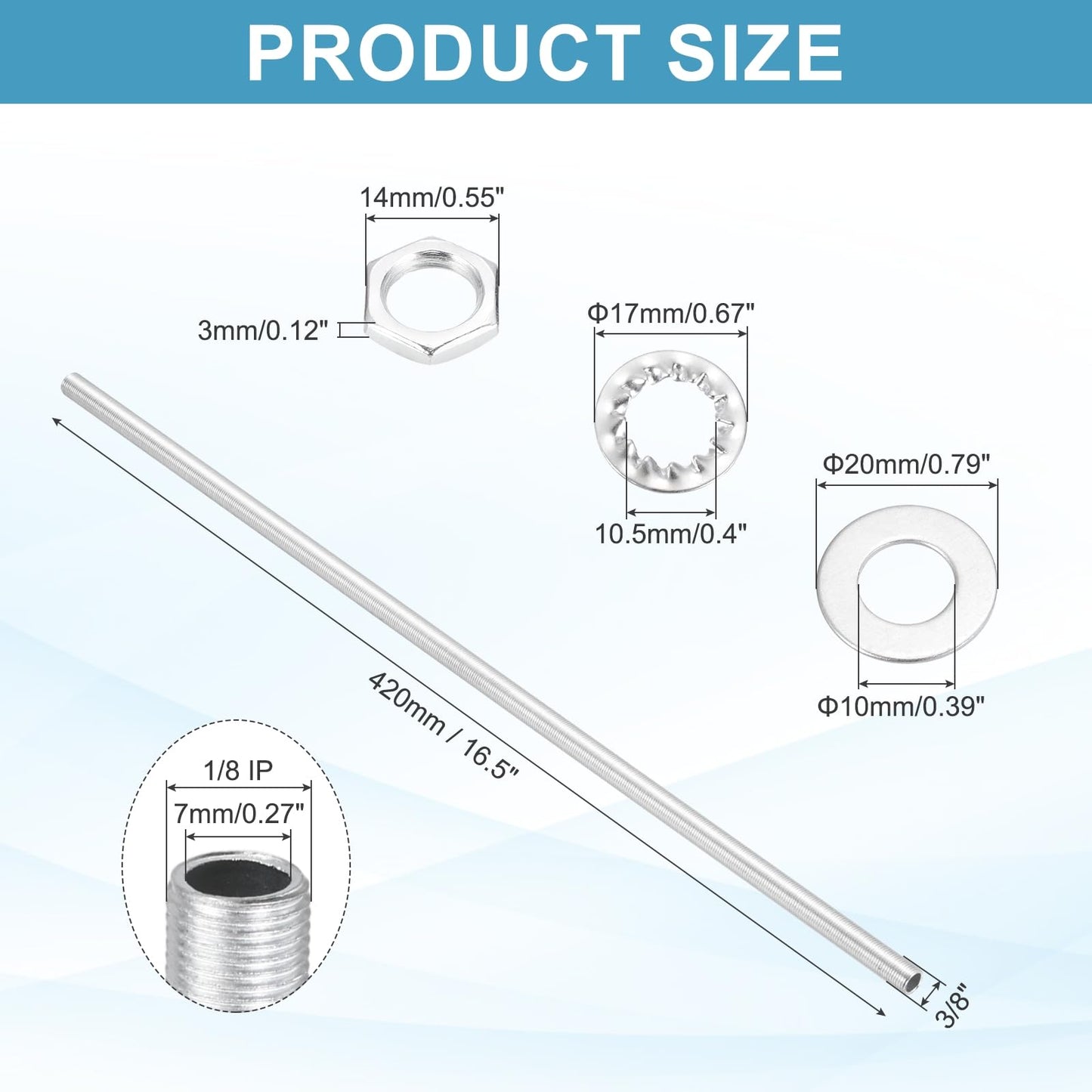 MECCANIXITY 28Pcs 16.5" Lamp Pipe Kit with Nuts Washers 1/8IP Thread Fasteners Assortment for Chandelier Ceiling Light Repair Assembly DIY Hardware