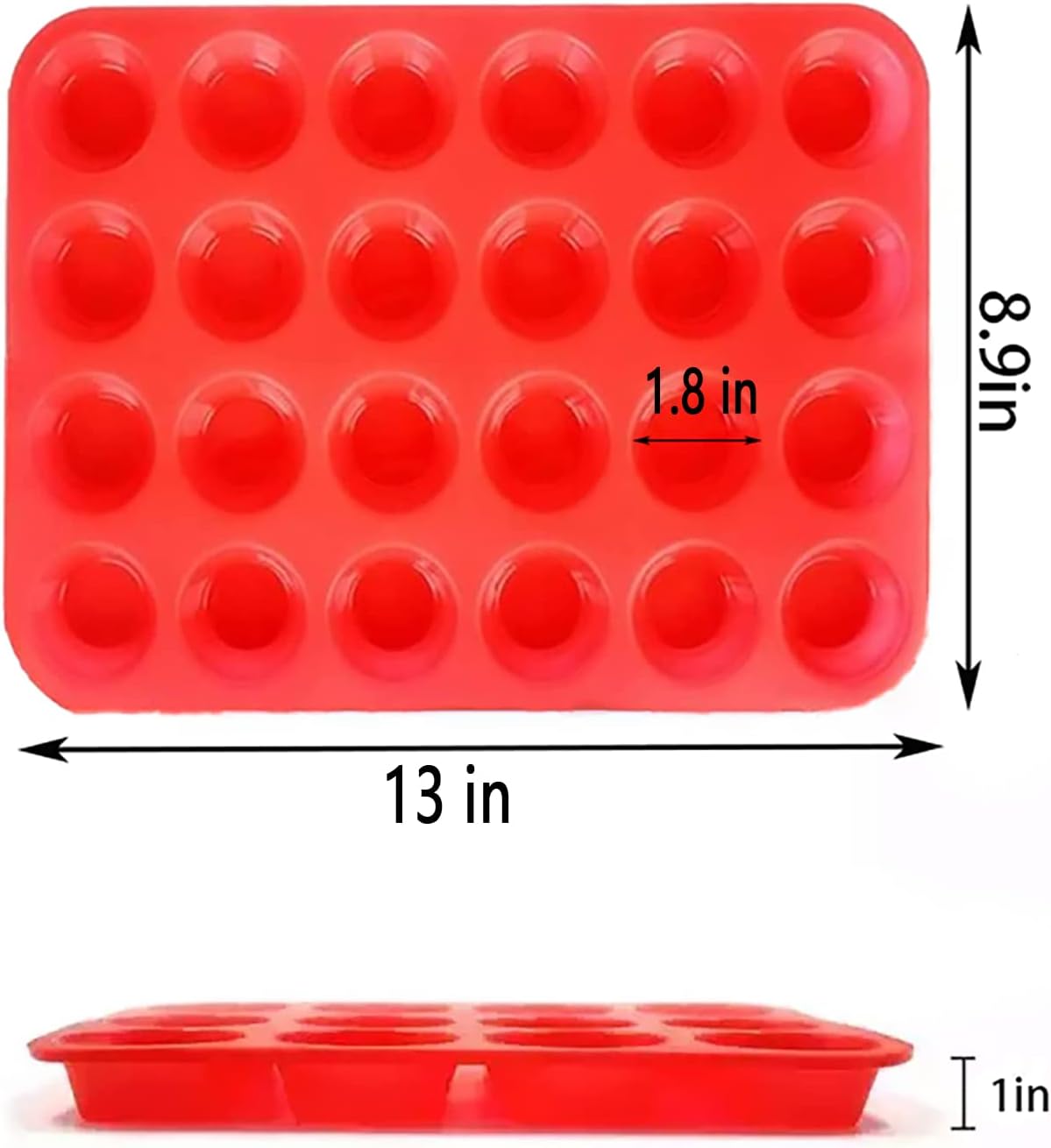 Mini Muffin & Cupcake Set, 24 Cups Nonstick Silicone Baking Pan, BPA Free, Dishwasher Safe, 2 Pieces (Red)