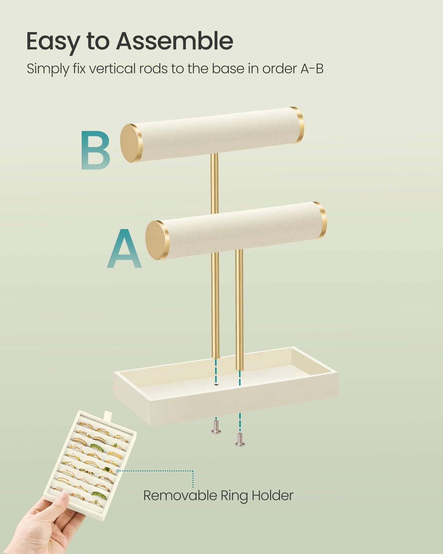 SONGMICS Bracelet Holder Stand, Jewelry Display Stand, Jewelry Organizer, with 2 Tiers and Velvet Tray, Removable Ring Holder, Cream White and Pale Gold UJJS039W101