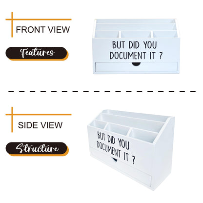 EXQUIDECA Wooden White Rustic Countertop Mail Storage Holder with Drawer and Compartments - Office Desk Accessories and Workspace Organizers - Desktop Sorter for Pen Stationery Letter Files Documents