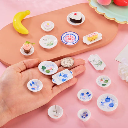 Beadthoven 30Pcs Blue and White Porcelain Plates Resin Miniature Dollhouse Tray Cute Mini Food Dish Tray Tableware Accessory Kitchen Ornaments for Micro Landscape DIY Garden Tea Party Crafts Supplies