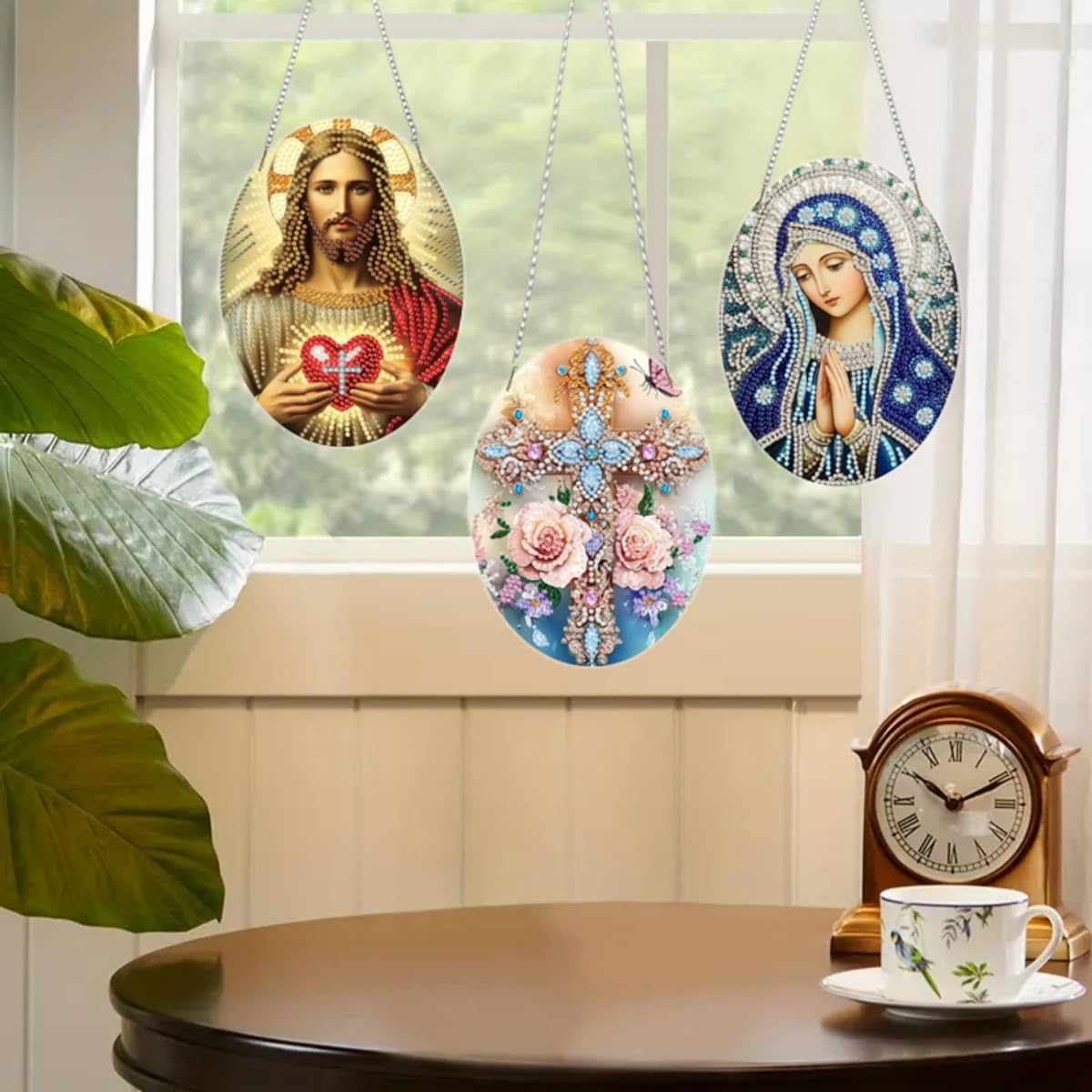 MaiYiYi 3 PCS Religious Series Virgin Mary Jesus Diamond Painting Hanging Pendant Kit, Special Gem Acrylic Cross Diamond Art Painting Ornaments Window Pendants for Adult Home Wall Art Decor
