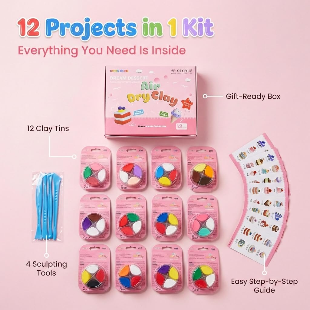 Obvio Home Air Dry Clay for Kids - 12 Dream Dessert Designs Modeling Clay Kit - Model Sculpting Set, Ultra Soft Safe & Non-Sticky | DIY Crafts, School Projects & Party Favors for Boys & Girls