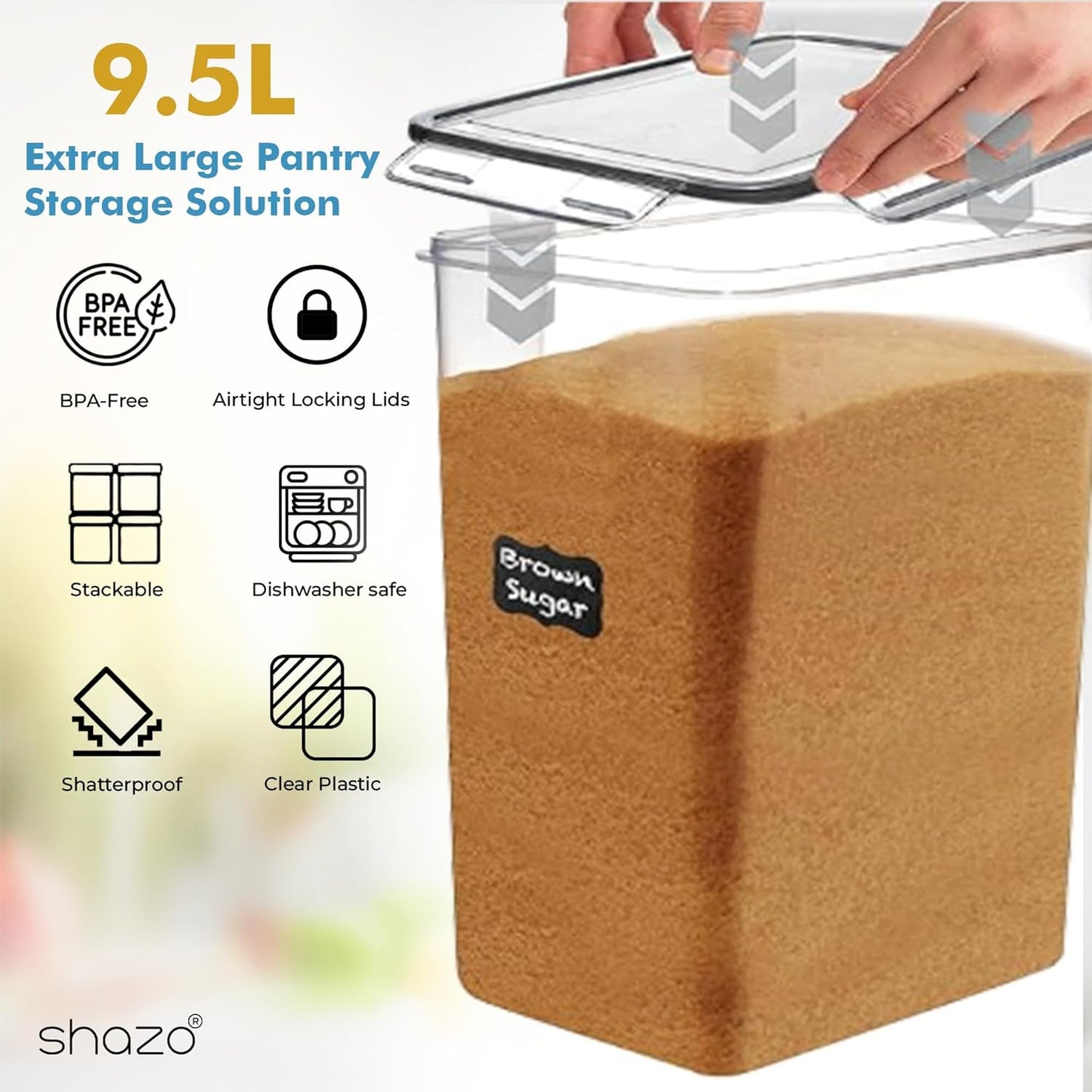 2 (9.5L 321 Oz) Shazo PC | Extra Large Bulk Food Storage Containers with Airtight Lids for Flour, Sugar, Rice, Cereal
