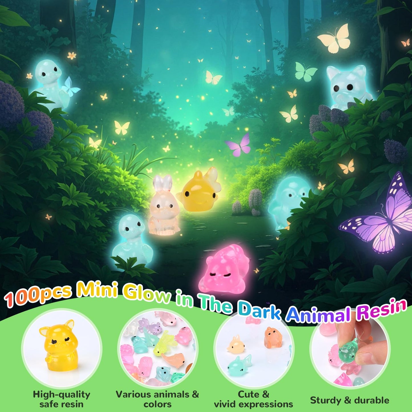 100pcs Mini Glow in The Dark Animal Resin Models, Mystery Resin Animals Blind Bag, Mini Luminous Farm Ocean Figures, Animal Miniatures for Fairy Garden Accessories, Random Design（Animals）