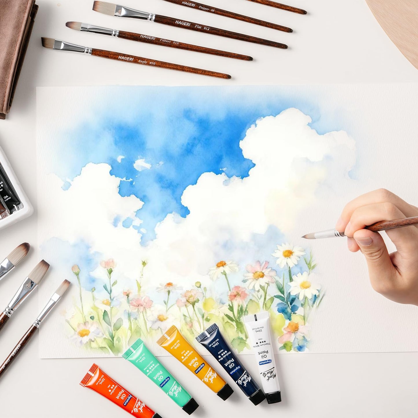 HAGERI 25 Pieces Paint Brushes, Expert Synthetic Nylon Bristles Paint Brush Kit with Palette Knife & Suede Leather Roll, Paint Brushes Set for Oil, Acrylic, Watercolor, Gouache and Detail Paintings