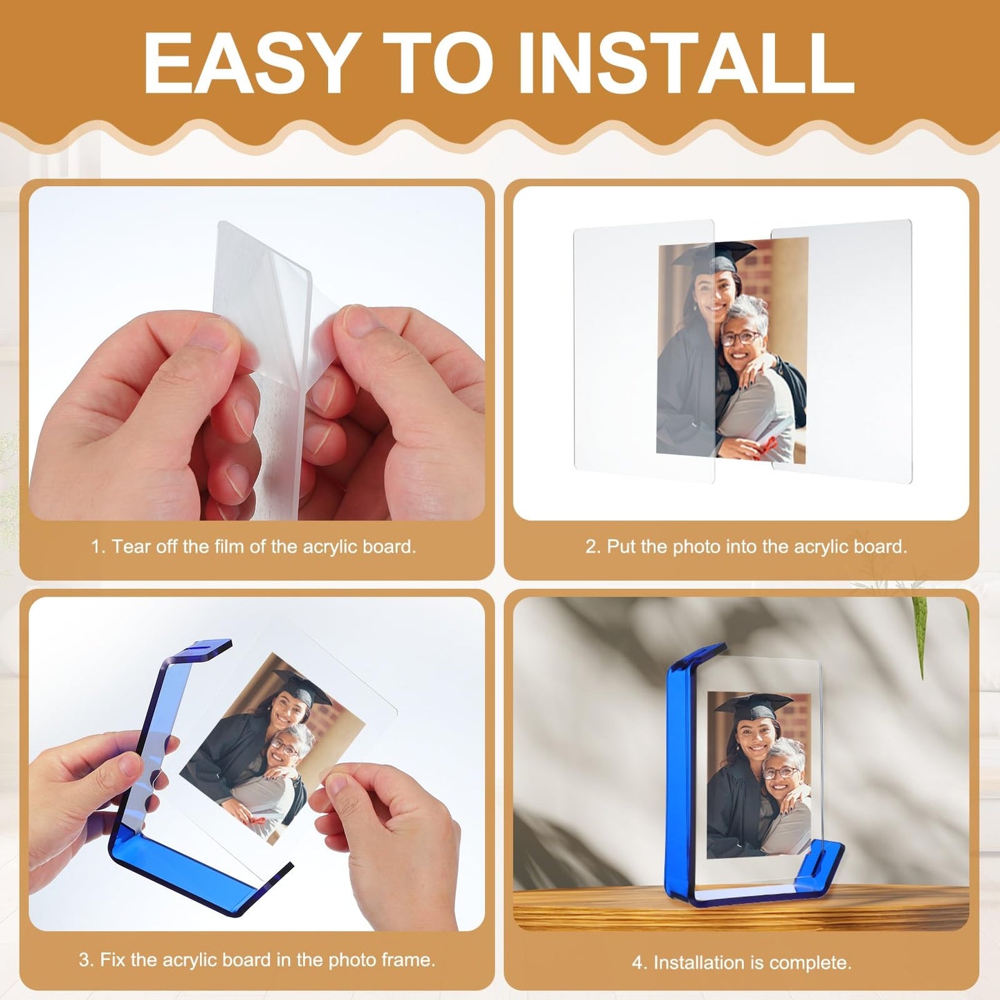 uxcell 5x7 Inch Acrylic Picture Frame, Floating Picture Frames for Wall or Tabletop Display, Hanging Photo Frame Stand for Office Home, Orange