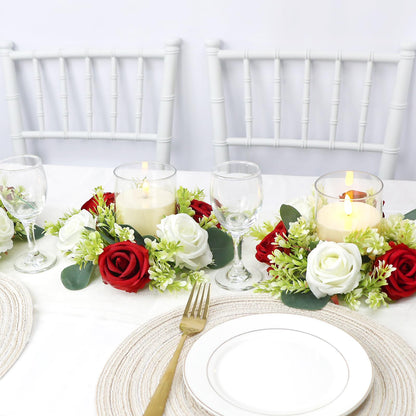 Acmee Crimson Rose Candle Rings with Flameless Candles Sets - 12PCS Artificial Flower Eucalyptus Wedding Centerpiece 3 Inch Pillar Candleholders Wreaths for Wedding Party Decor (Crimson - 6 Sets)