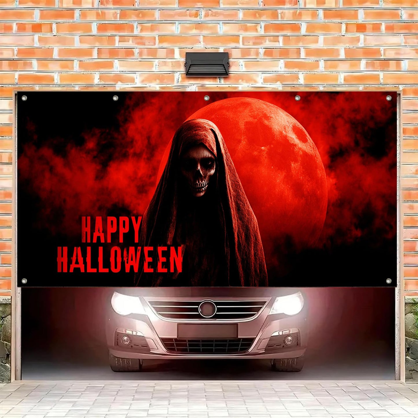 HOMETITUTE Halloween Garage Door Banner 13x6ft Grim Reaper Skeleton Blood Moon Decor Spooky Halloween Sign Horror Wall Cover Scary Door Backdrop Creepy Haunted House Outdoor