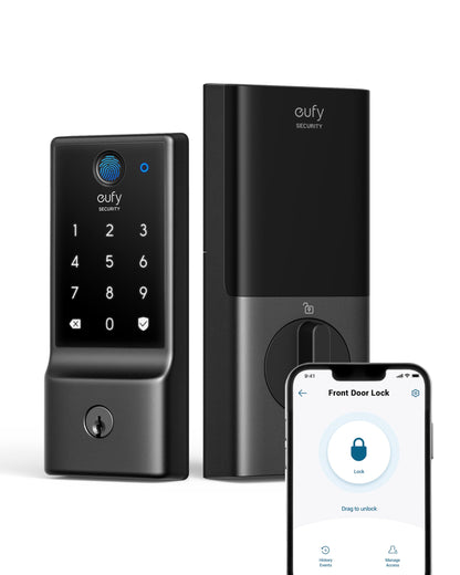eufy Security Smart Lock C220 with Door Lever, Fingerprint Keyless Entry Door Lock, Built-in Wi-Fi, App Remote Control, Front Door Deadbolt, 8 Months Battery, Reliable Power, IP53 Waterproof