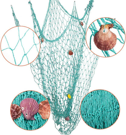Rosoz Nature Fish Net Wall Decoration with Shells, Ocean Themed Hangings for Pirate Party, Wedding, Photographing (Aqua)
