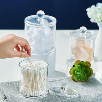 SheeChung Qtip Holder Set - Clear Acrylic Apothecary Jars | Shatterproof Bathroom Organizer (4-Pack)